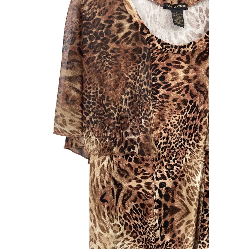 Susan Lawrence Women Blouse XL Brown Animal Print Sheer Overlay Shirt - Picture 3 of 8